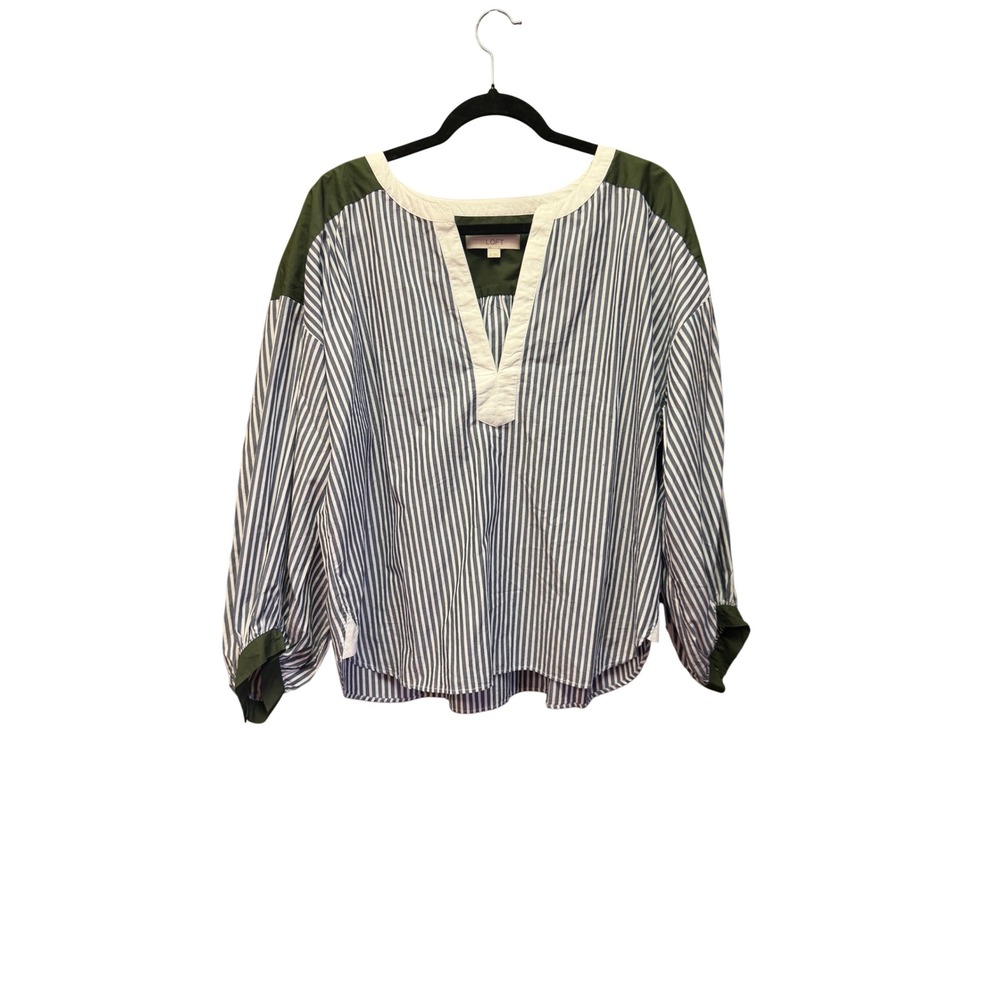 Loft Women XL Blue White Striped Split Neck Blouse Olive Green Contrast Cotton